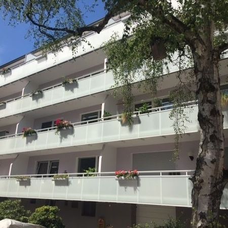 Modernes Mehrfamilienhaus mit Balkonen und Blumenkästen neben einem Baum vor blauem Himmel